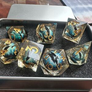 Dragon eye Gold and Blue Resin Dice Set- eyes move as you roll